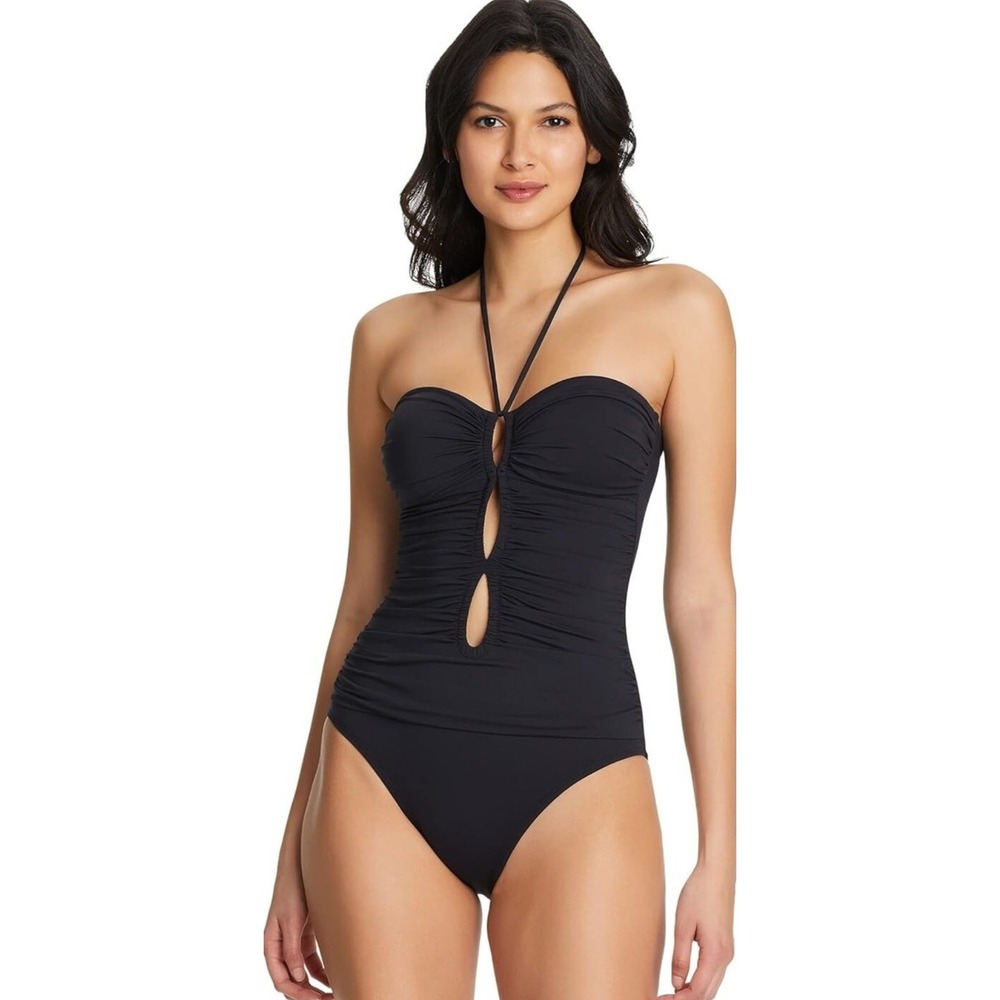 Bleu Rod Beattie One Piece Swimsuit Size 4 Black Ruched Halter Vacation